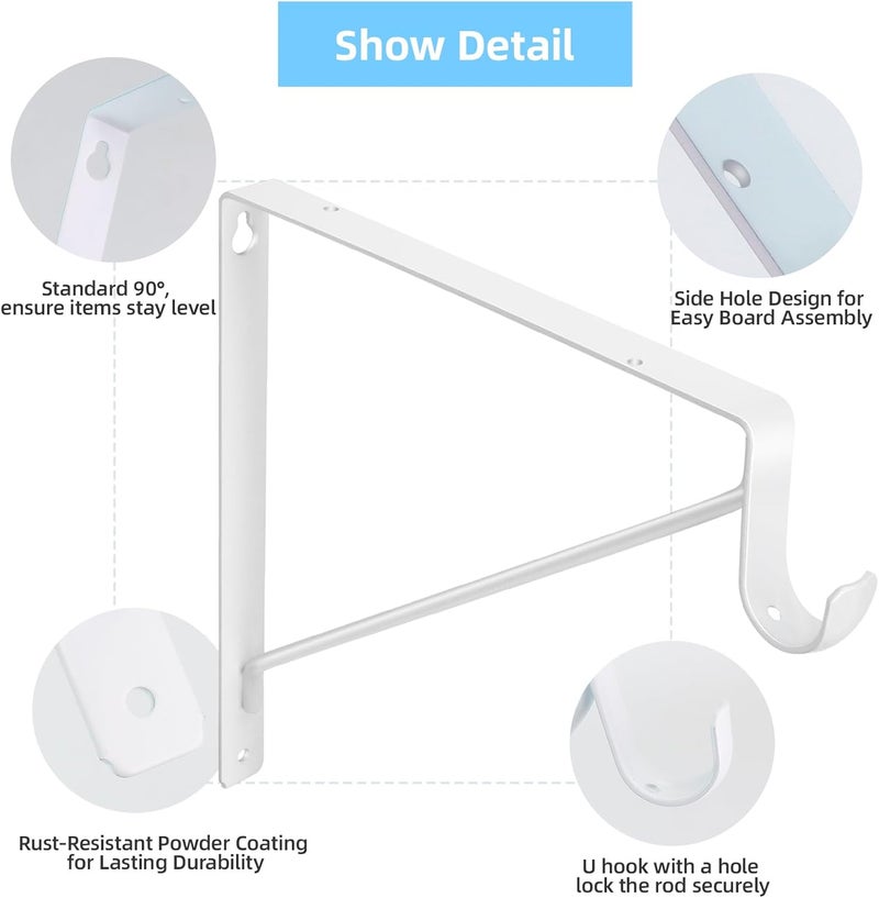 WEKIS 6-Pack Closet Rod Bracket, 10.8x10.8Inch Closet Shelf Brackets Heavy Duty Wall Mounted, Matte White Steel Closet Rod Support Brackets Holder, 300 Lbs Load Capacity with Anchors Screws - Image 5